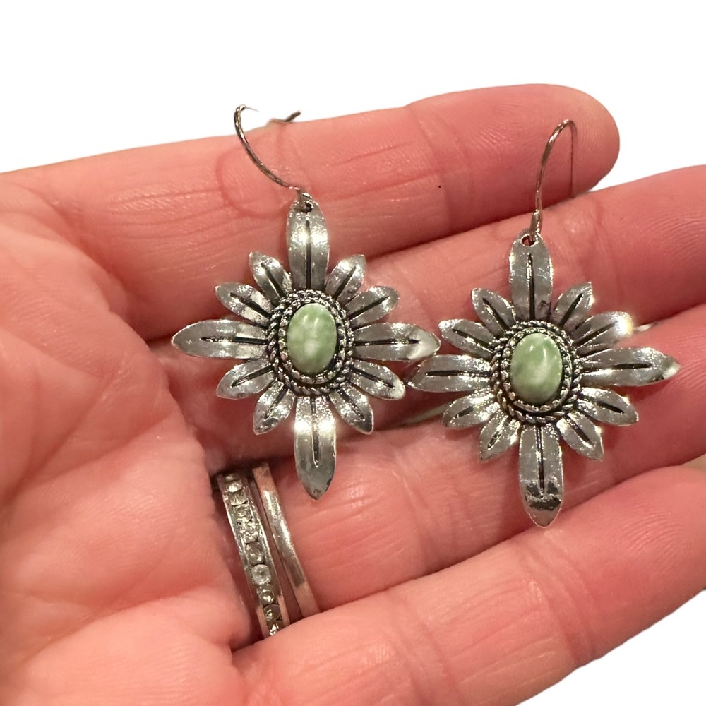 Boho Silver and Green Flower Drop Earrings